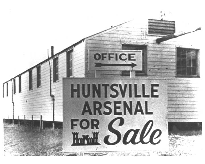 Corps of Engineers' Sales brochure from March 1949. After the Air Force decided not to use Huntsville Arsenal, the Office of the Assistant Secretary of the Army directed that the post be advertised for sale by July 1, 1949. Previously placed under the command of the Third Army in October 1948, the installation was to have reverted to the Chief, Chemical Corps after March 31, 1949. However, the proposed sale precluded the installation's return as scheduled. Although the opening of bids was set for September 30, 1949, the sale never happened because the Army found it needed this land for the new mission developing at Redstone Arsenal.